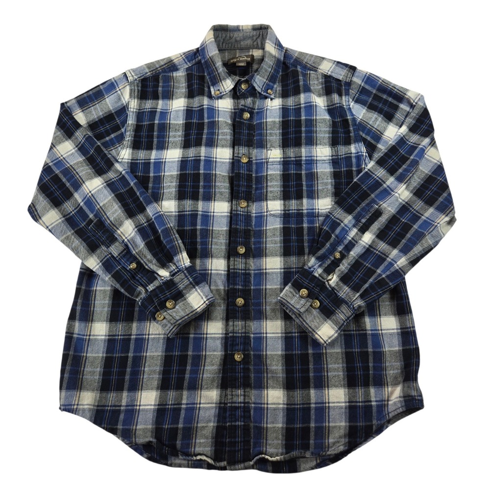 Eddie Bauer Mens Medium Blue Plaid Flannel Button Down Shirt Classic